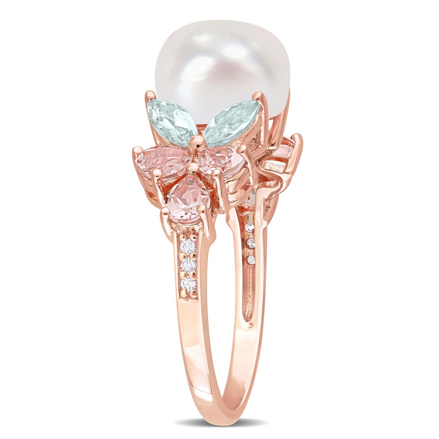 Miabella Freshwater Cultured Pearl 1-2/5 Carat T.G.W. Morganite Aquamarine and White Topaz 18K Rose Gold Plated Silver Cluster Floral Ring