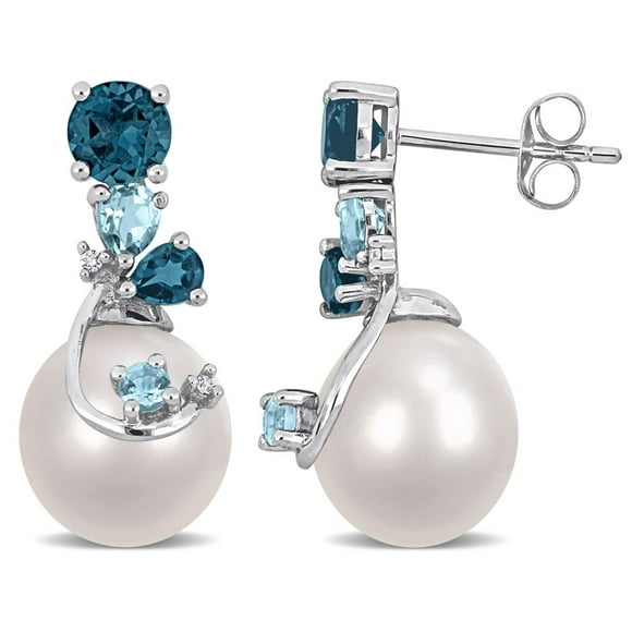 Miabella Cultured Freshwater Pearl 2 Carat T.G.W. Blue Topaz and Diamond Accent Sterling Silver Drop Earrings