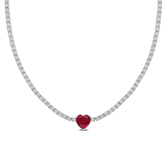 Miabella 18 Carat T.G.W. Created Ruby and Created White Sapphire Sterling Silver Heart Tennis Necklace