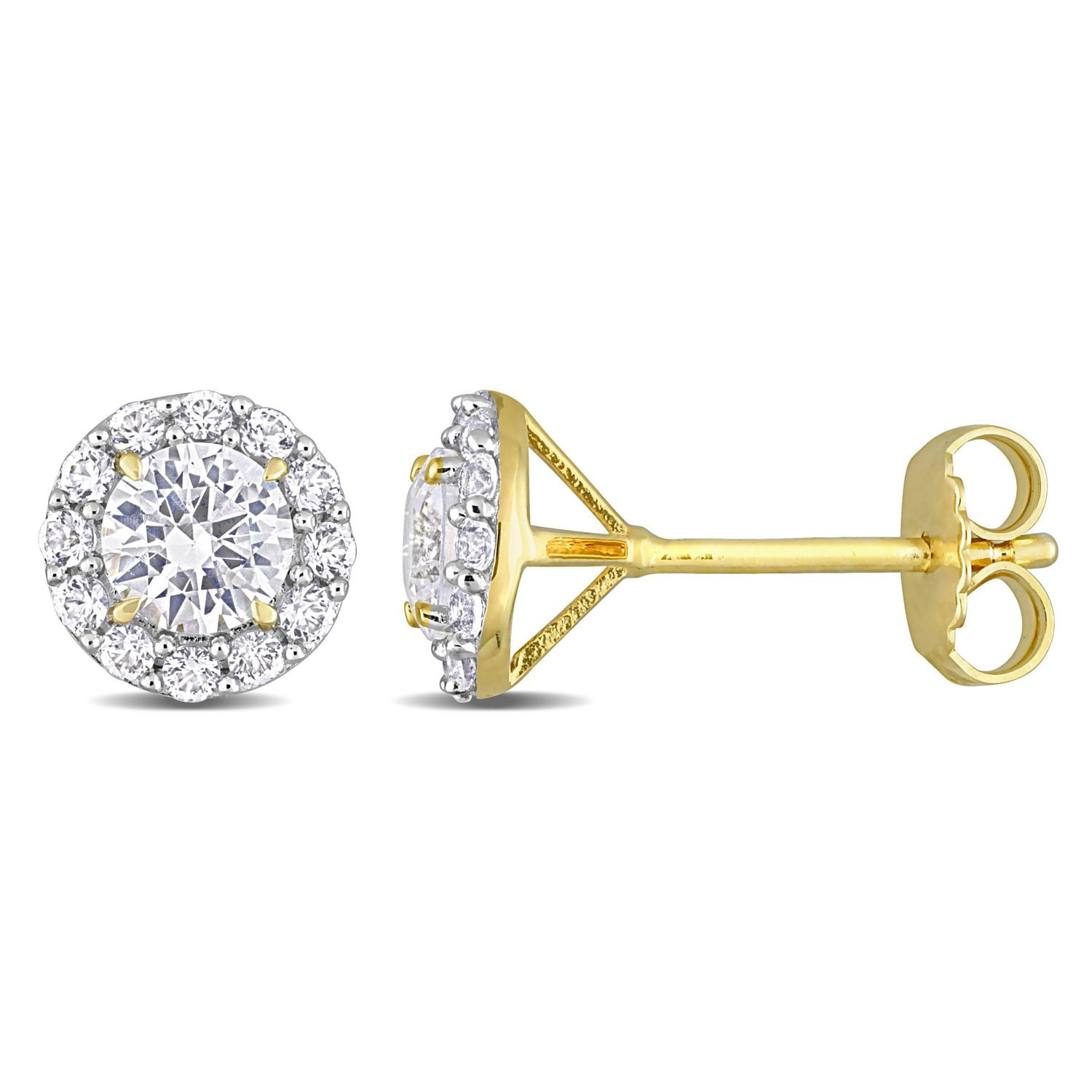 Clous d'oreilles à auréoles de Miabella avec 1-3/4 carat PBT de saphir blanc synthétique en argent sterling plaqué jaune