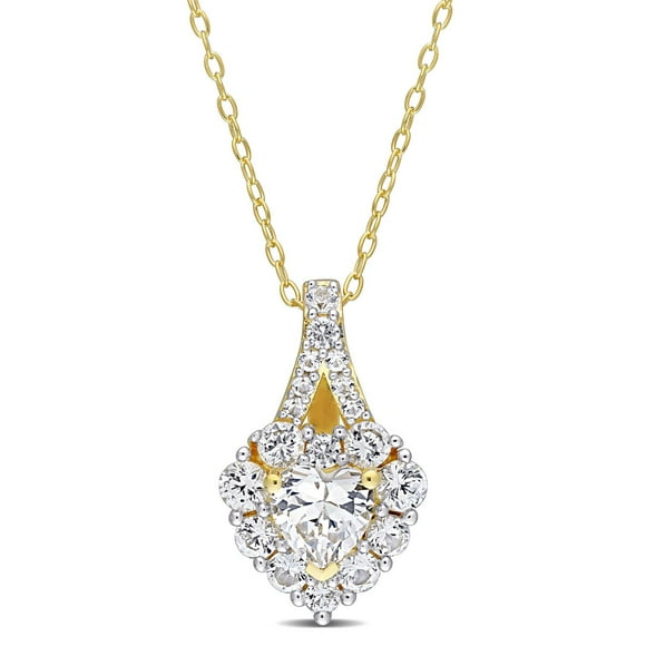 Collier auréole coeur de Miabella avec 2-7/8 carat PBT de saphir blanc synthétique en argent sterling plaqué jaune