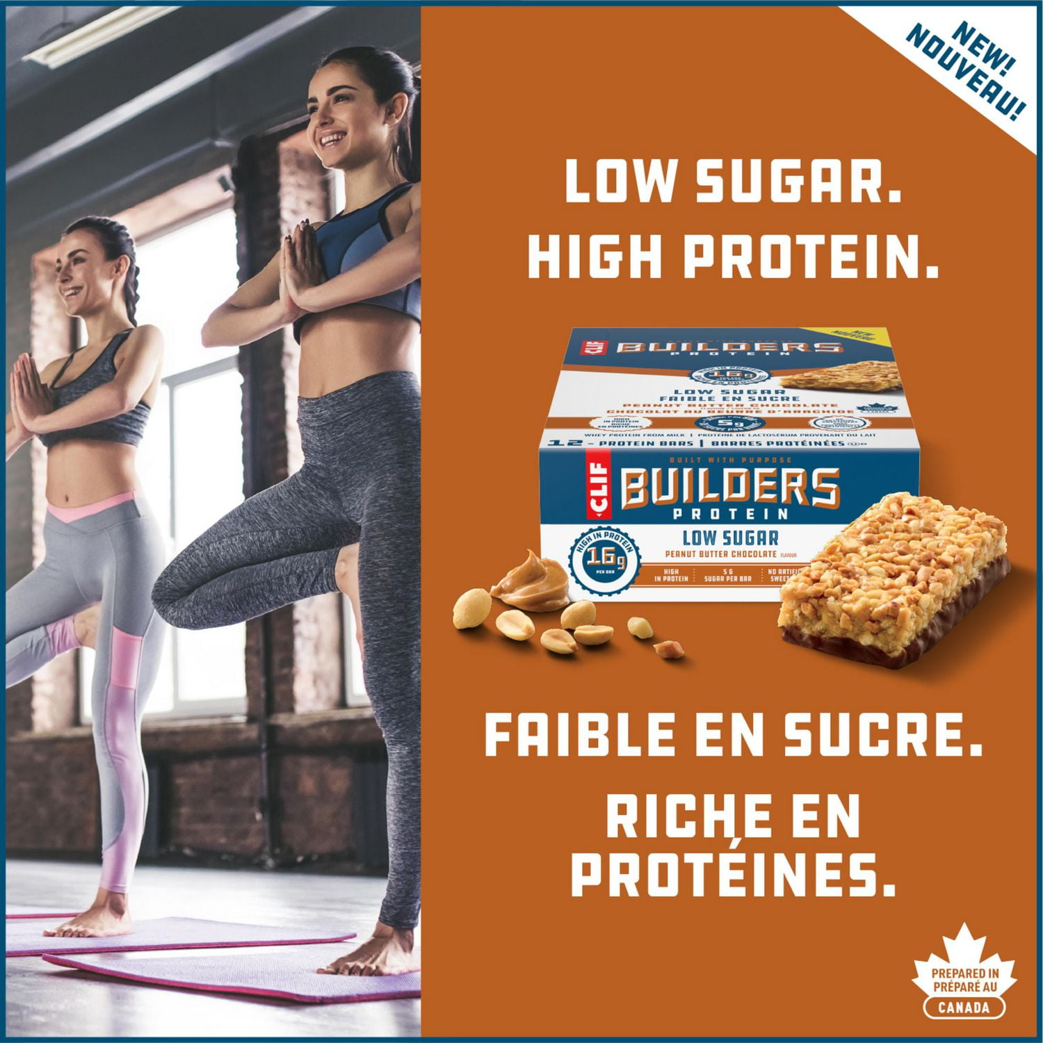 CLIF BUILDERS Low Sugar Protein Bars, Peanut Butter Chocolate Flavour, 16g of Protein per bar, Low Sugar, No Artificial Sweeteners