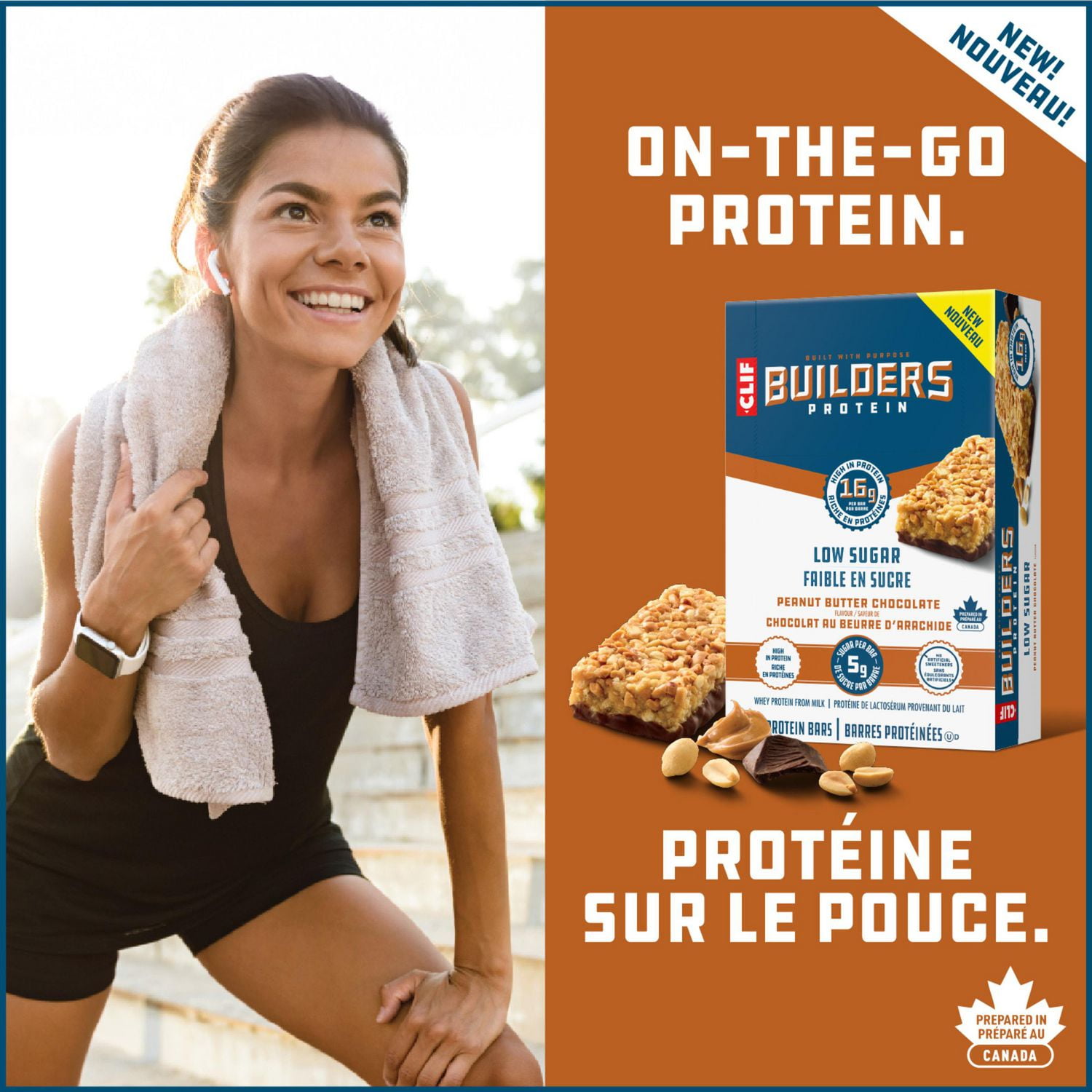 CLIF BUILDERS Low Sugar Protein Bars, Peanut Butter Chocolate Flavour, 16g of Protein per bar, Low Sugar, No Artificial Sweeteners