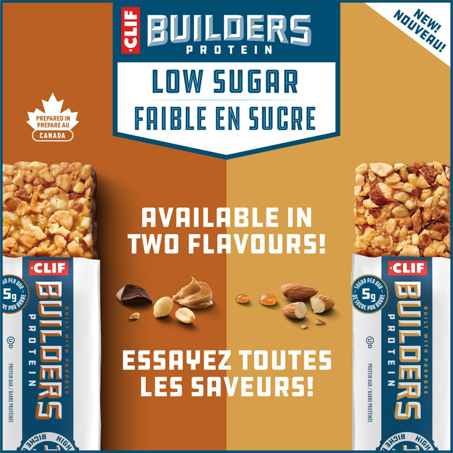 CLIF BUILDERS Low Sugar Protein Bars, Peanut Butter Chocolate Flavour, 16g of Protein per bar, Low Sugar, No Artificial Sweeteners