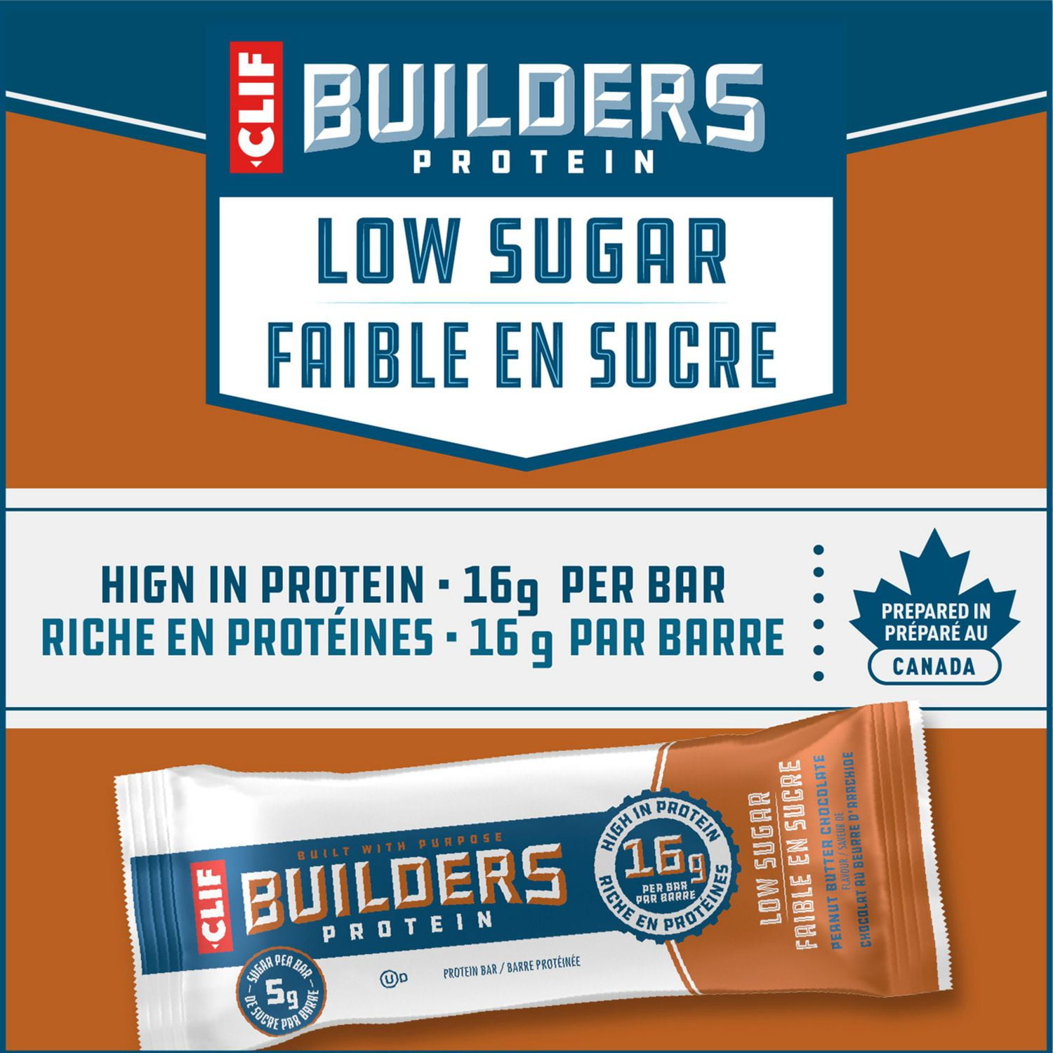 CLIF BUILDERS Low Sugar Protein Bars, Peanut Butter Chocolate Flavour, 16g of Protein per bar, Low Sugar, No Artificial Sweeteners