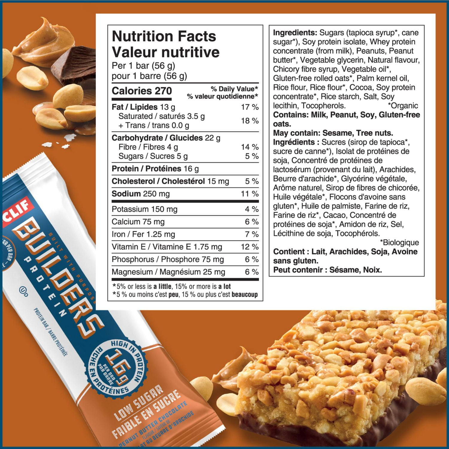 CLIF BUILDERS Low Sugar Protein Bars, Peanut Butter Chocolate Flavour, 16g of Protein per bar, Low Sugar, No Artificial Sweeteners