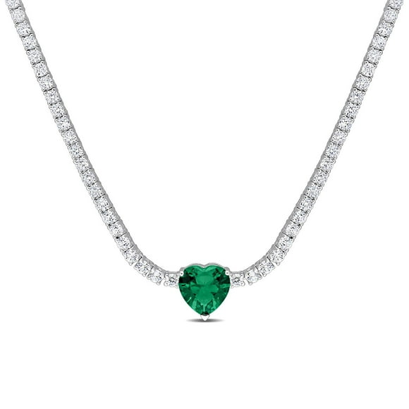 Miabella 18 Carat T.G.W. Green Cubic Zirconia and Created White Sapphire Sterling Silver Heart Tennis Necklace
