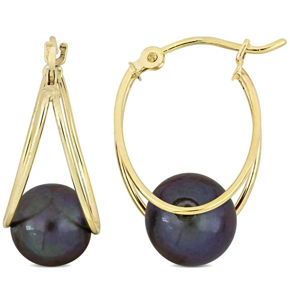 Miabella Black Cultured Freshwater Pearl 10K Yellow Gold Open Hoop Earrings