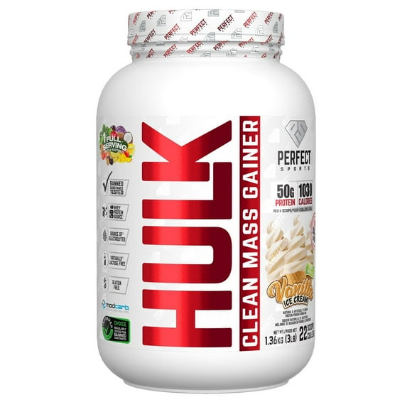 PERFECT Sports - HULK Clean Mass Gainer, Portion Complète de Fruits et Légumes, Glace à la Vanille, 3 Lb, 1,36 Kg Gaineur de masse de protéines HULK Clean