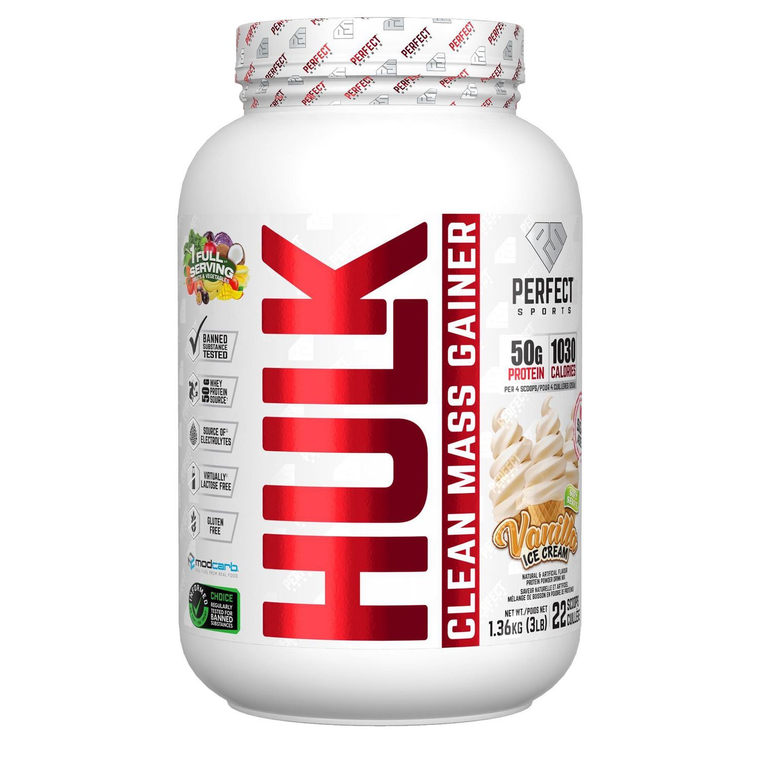 PERFECT Sports - HULK Clean Mass Gainer, Full Serving of Fruits & Vegetables, Vanilla Ice Cream, 3 lbs