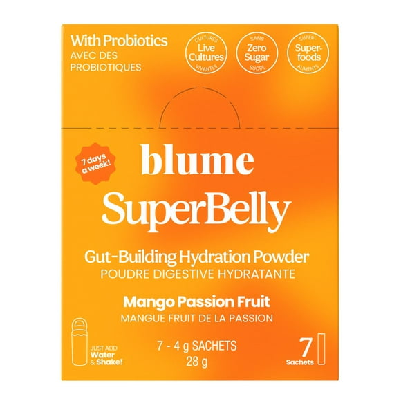 BLUME SuperBelly Poudre hydratante pour la santé intestinale avec prébiotiques, probiotiques et électrolytes - Saveur mangue-fruit de la passion