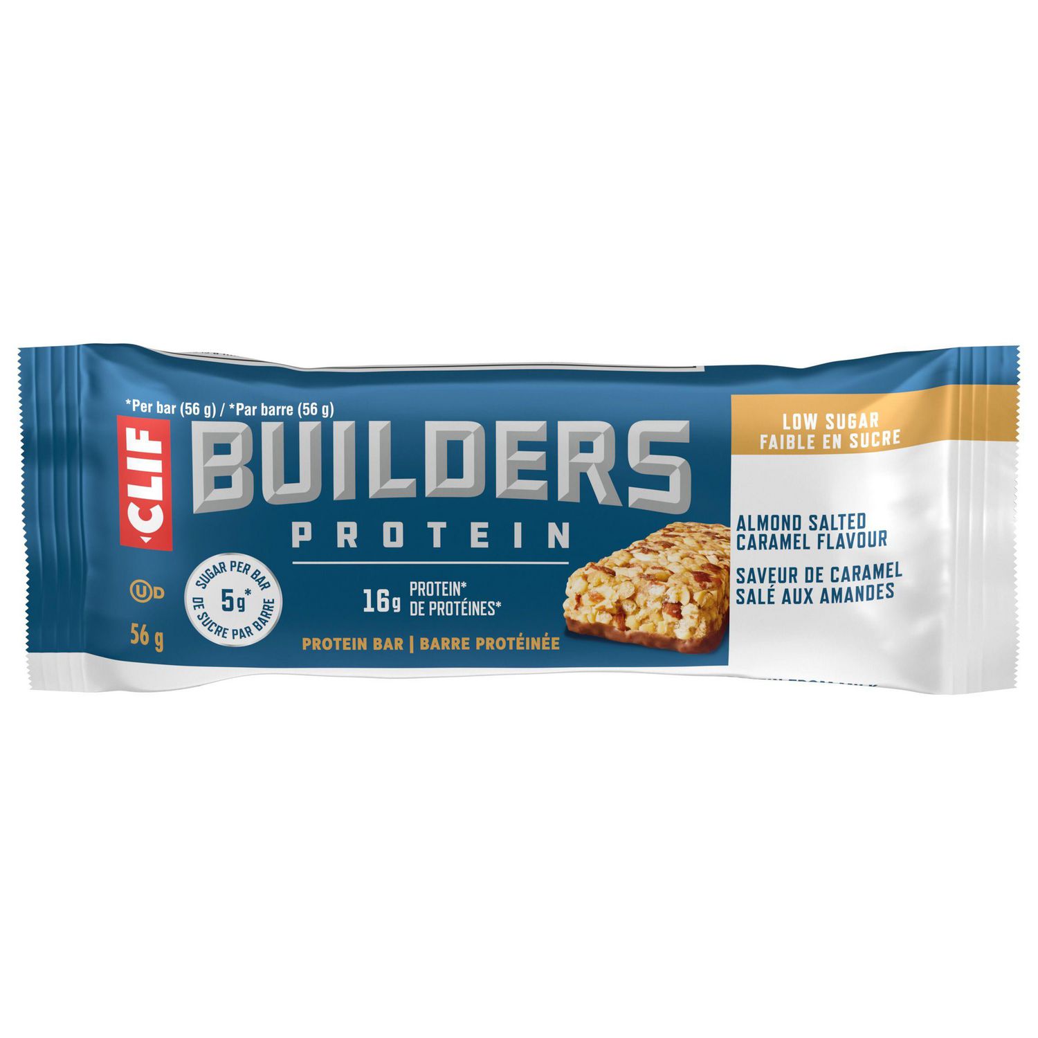 CLIF BUILDERS Low Sugar Protein Bars, Almond Salted Caramel Flavour, 16g of Protein per bar, Low Sugar, No Artificial Sweeteners