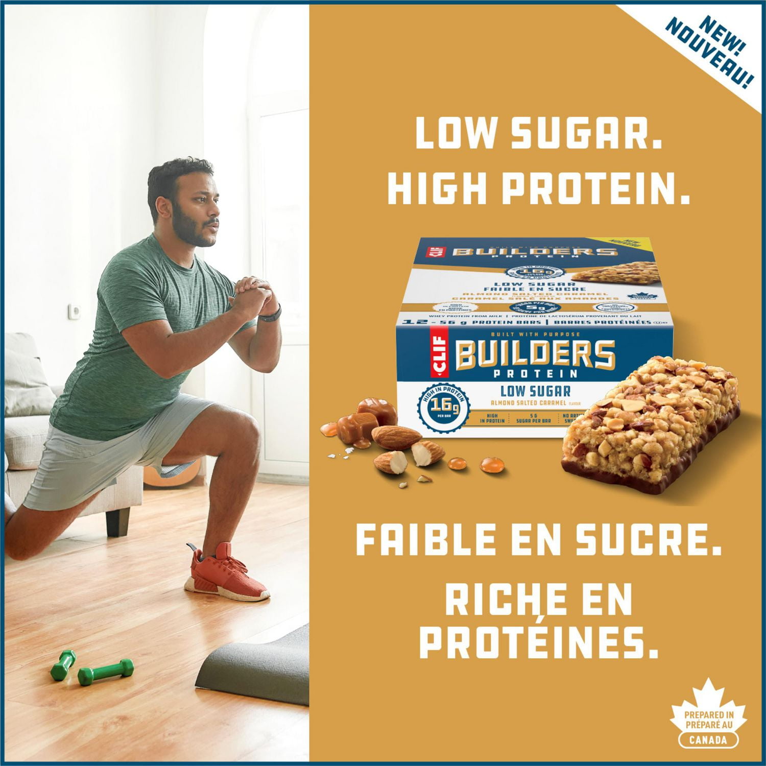 CLIF BUILDERS Barres protéinées faibles en sucre, saveur de caramel salé aux amandes, 16 g de protéines, faible en sucre, sans édulcorants artificiels