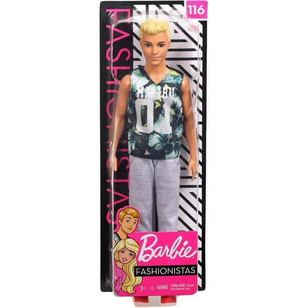 Barbie Ken Fashionistas Doll #165 with Sculpted Brown Hair Wearing Purple  “Malibu” Top, Blue Starred Joggers & White Shoes 