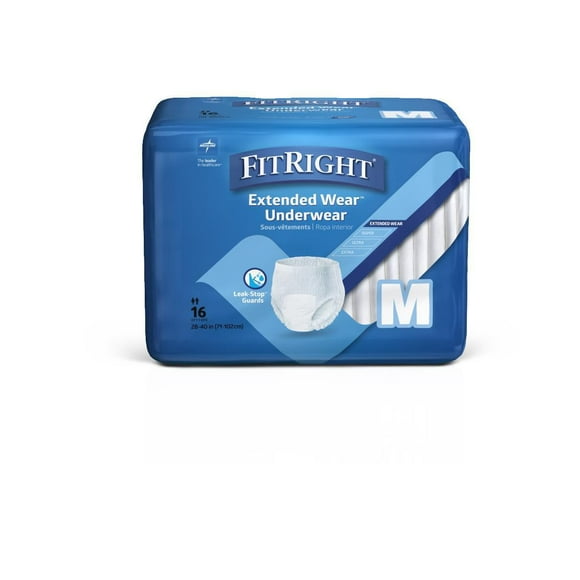 FitRight Extended Wear Night Protective Underwear, Size Medium, For Waist Size 28"-40", Bag of 16