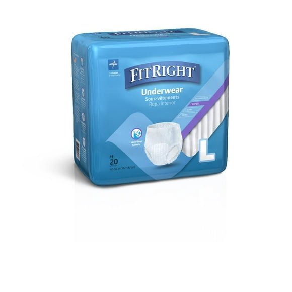 FitRight Super Protective Underwear, Size Large, For Waist Size 40"-56", Bag of 20