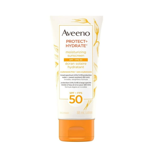 Aveeno Protect + Hydrate Moisturizing Sunscreen Lotion with Broad Spectrum SPF 50 & Moisturizing Prebiotic Oat, Weightless, Paraben-Free, Oil-Free & Oxybenzone-Free, 88 mL