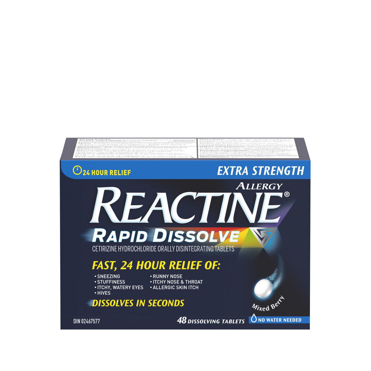 Reactine Rapid Dissolve Antihistamine Tablets - Allergy Medication with 10mg Cetirizine for 24-Hour Relief from Sneezing, Runny Nose & Watery Eyes - No Water Needed for Indoor & Outdoor, 48 Count