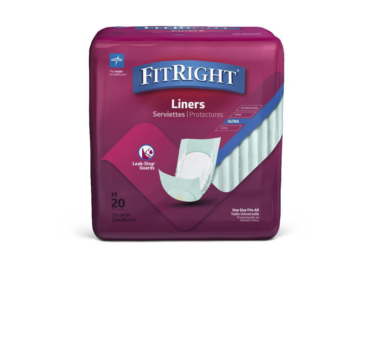 Protège-incontinence Fitright, capacité d'absorption élevée, taille 13"x34", sac de 20