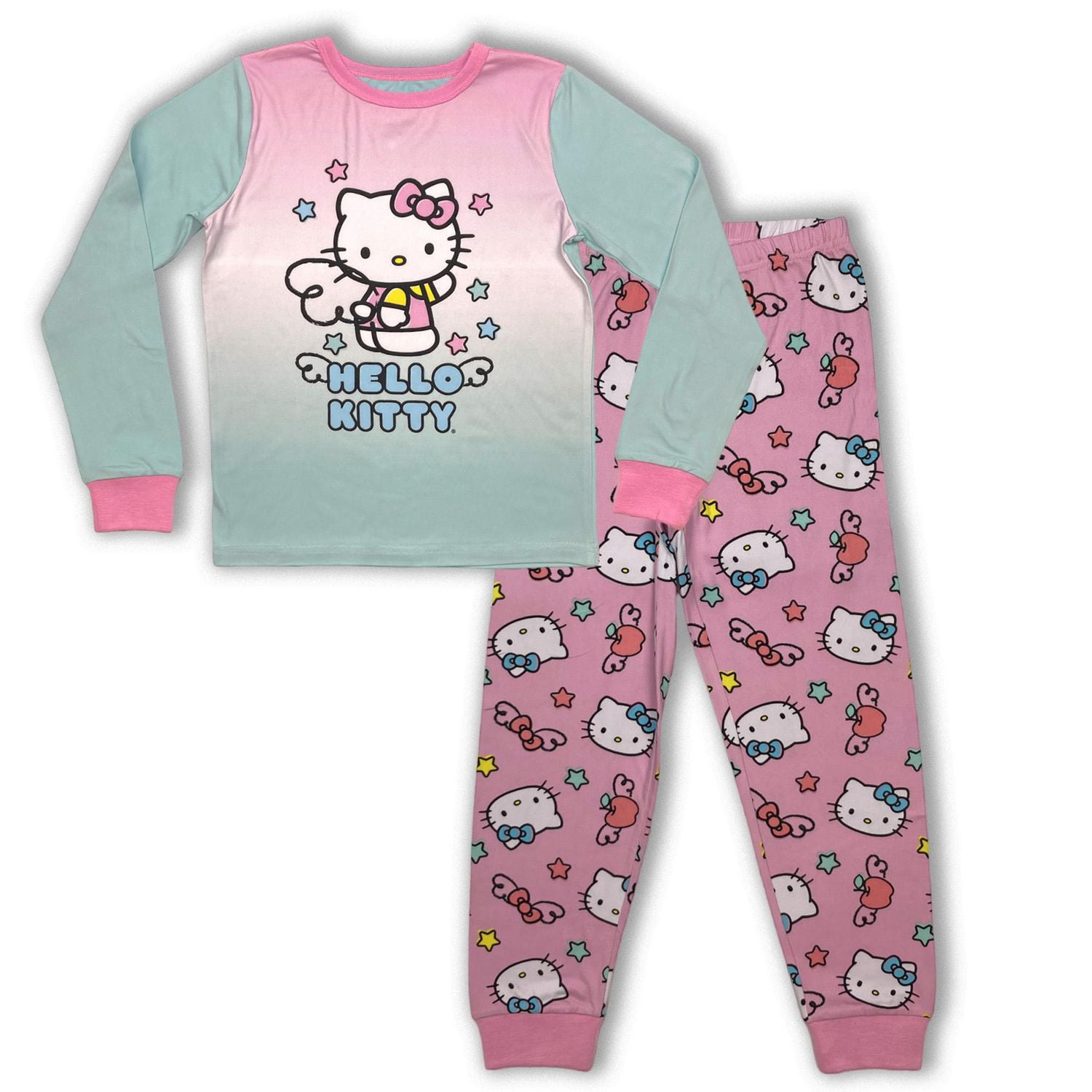 Hello Kitty Ensemble pyjama fille. Cet ensemble pyjama pour fille comprend une chemise à col rond à manches longues et un pantalon avec une taille élastique et