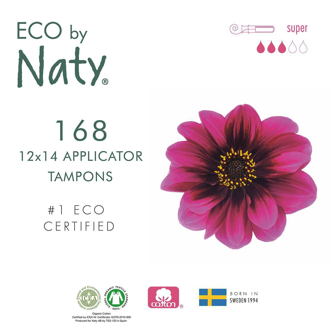 Eco by Naty Certified Organic Cotton Tampons with Cardboard Applicator, Super, 12 Boxes of 14