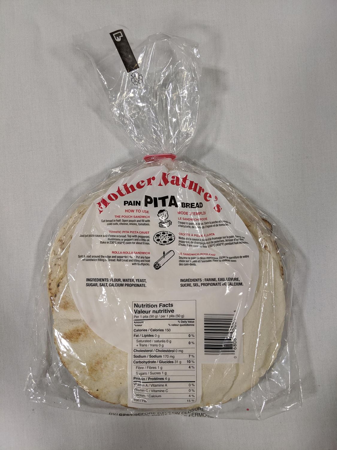 Mother Nature's Pita Bread, Ideal for donairs, pizzas, tacos and sandwiches.  No trans fat and no cholesterol.