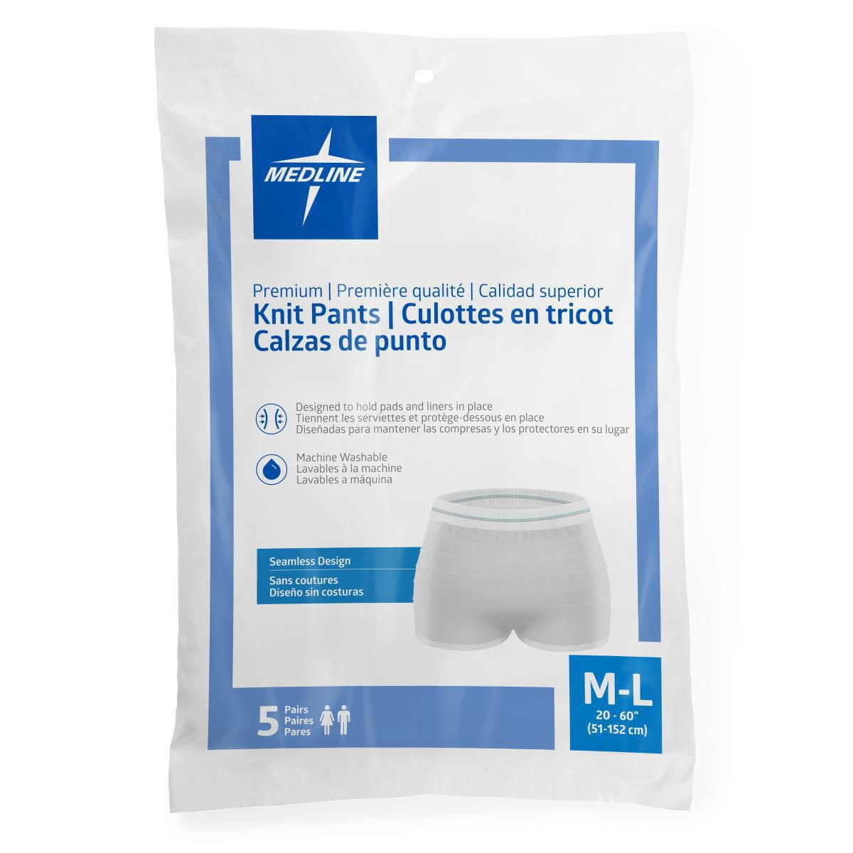 Medline Premium Knit Incontinence Underpants, Size Medium/Large, For Waist Size 20"-60", 5 per Bag