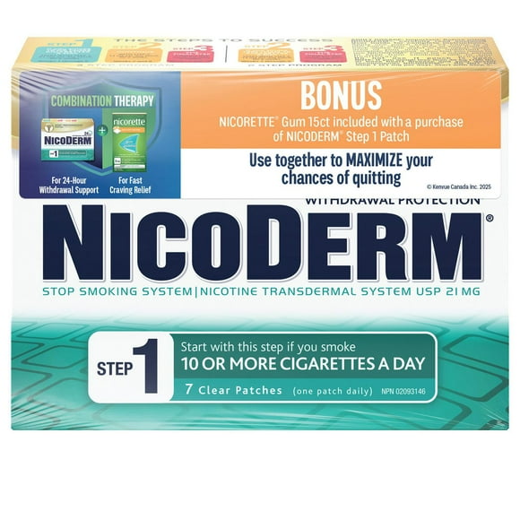 Timbres NicoDerm et gomme à mâcher Nicorette − Ensemble de traitement d’association pour arrêter de fumer − Soulagement rapide des fringales de nicotine
