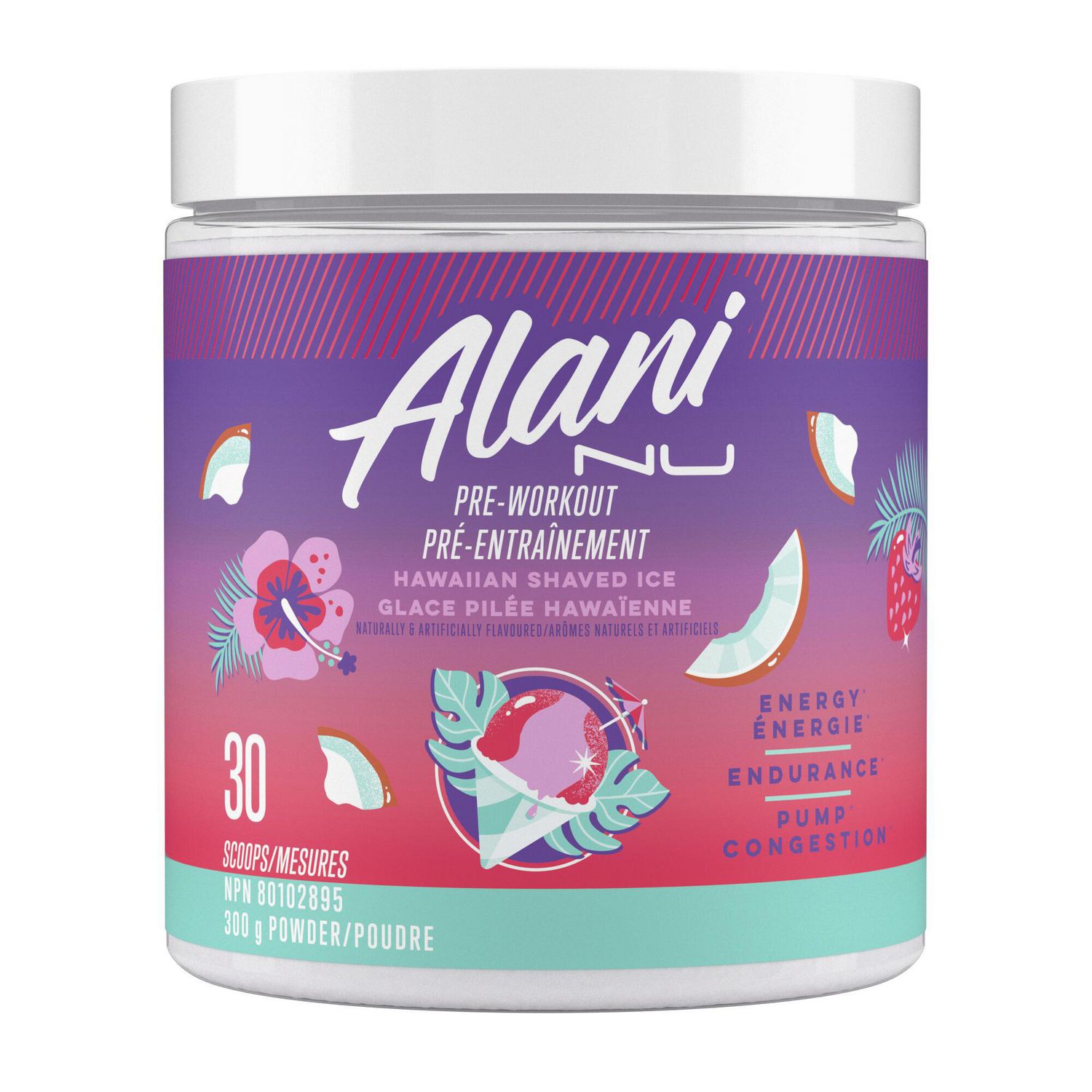 Alani Nu Hawaiian Shaved Ice Pre-Workout pre-workout powder, front-facing product shot with pink granular powder; lists 200 mg caffeine, L-citrulline malate (2:1) and L-theanine, sugar-free, gluten-free, vegan, serving 1/2 scoop (5 g) mixed in 180–250 mL water, suitable for short energy boosts before workouts or busy mornings.