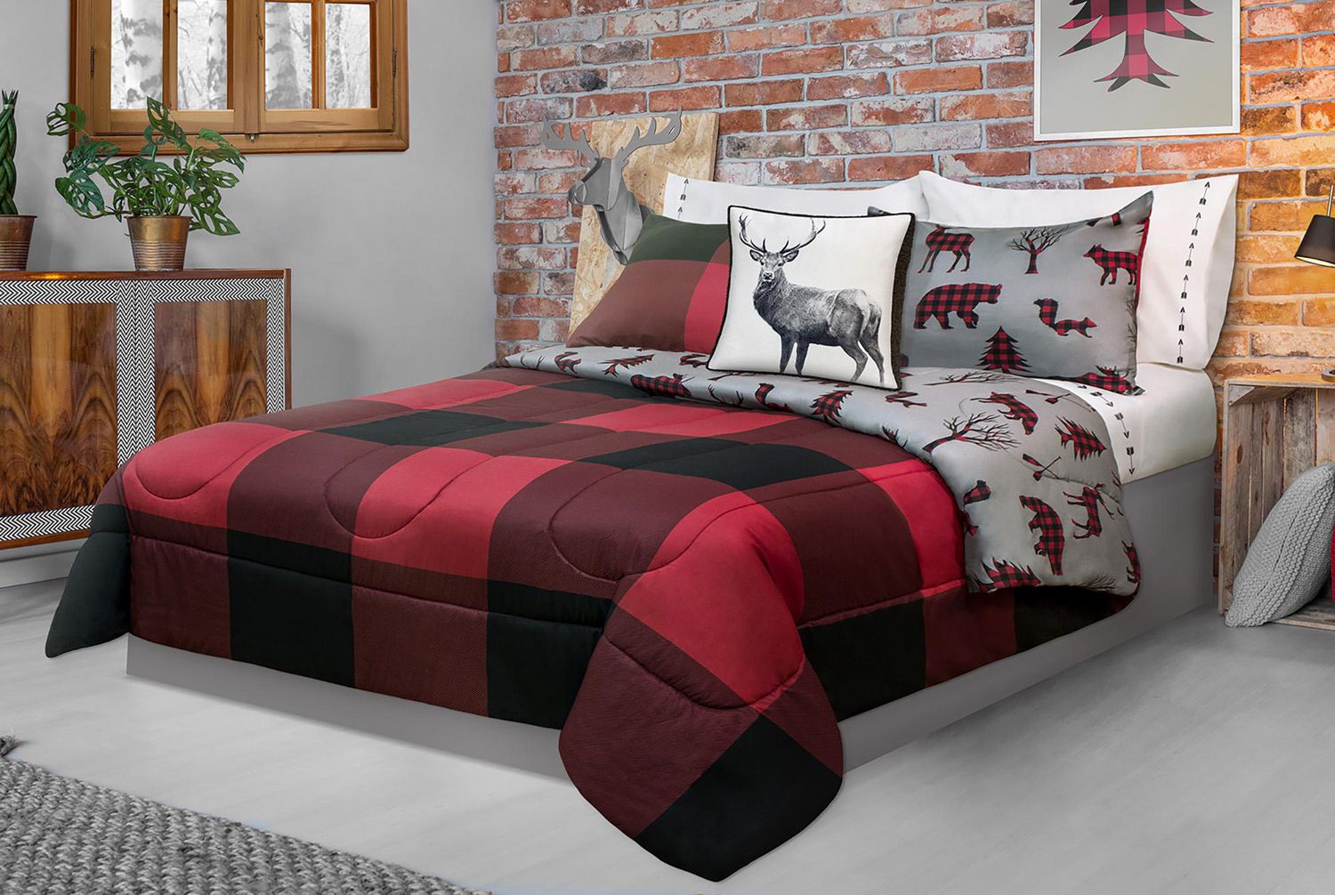 Safdie Co Comforter Set 3pc K Printed Buffalo Plaid Red Black