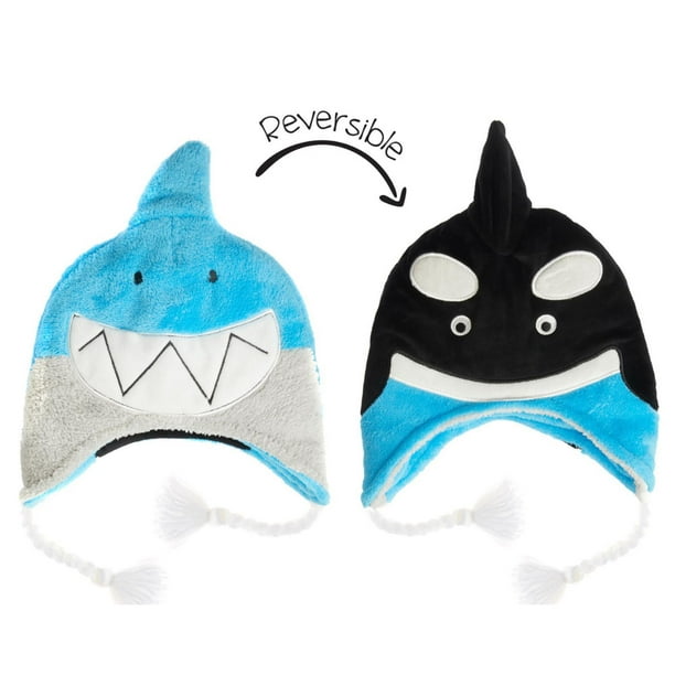 FlapJackKids - Bonnet d'hiver réversible pour bébé, enfant - Polaire double épaisseur - Requin et orque