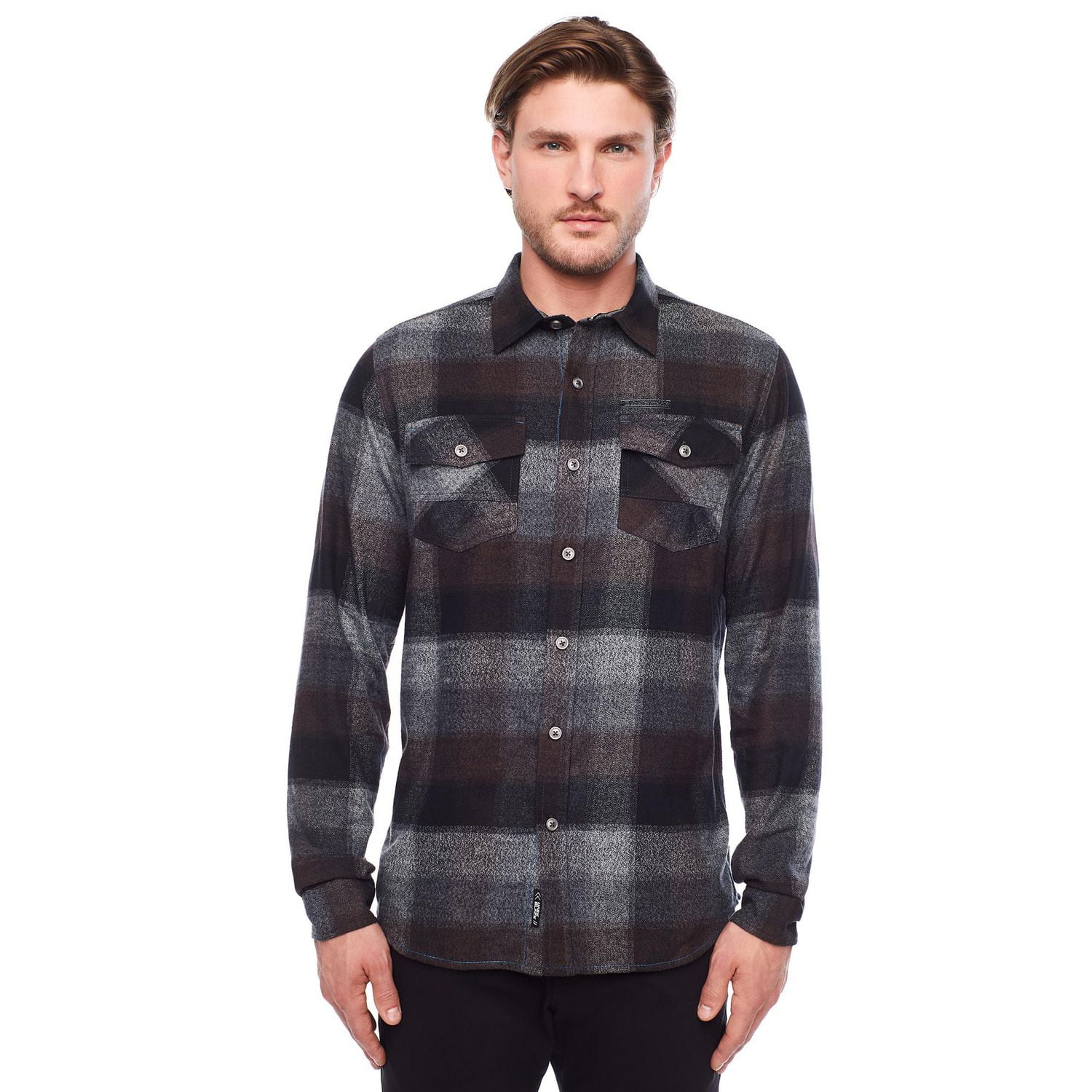 Dark Black Men's Long-Sleeve Plaid Button-Down Shirt with Pockets