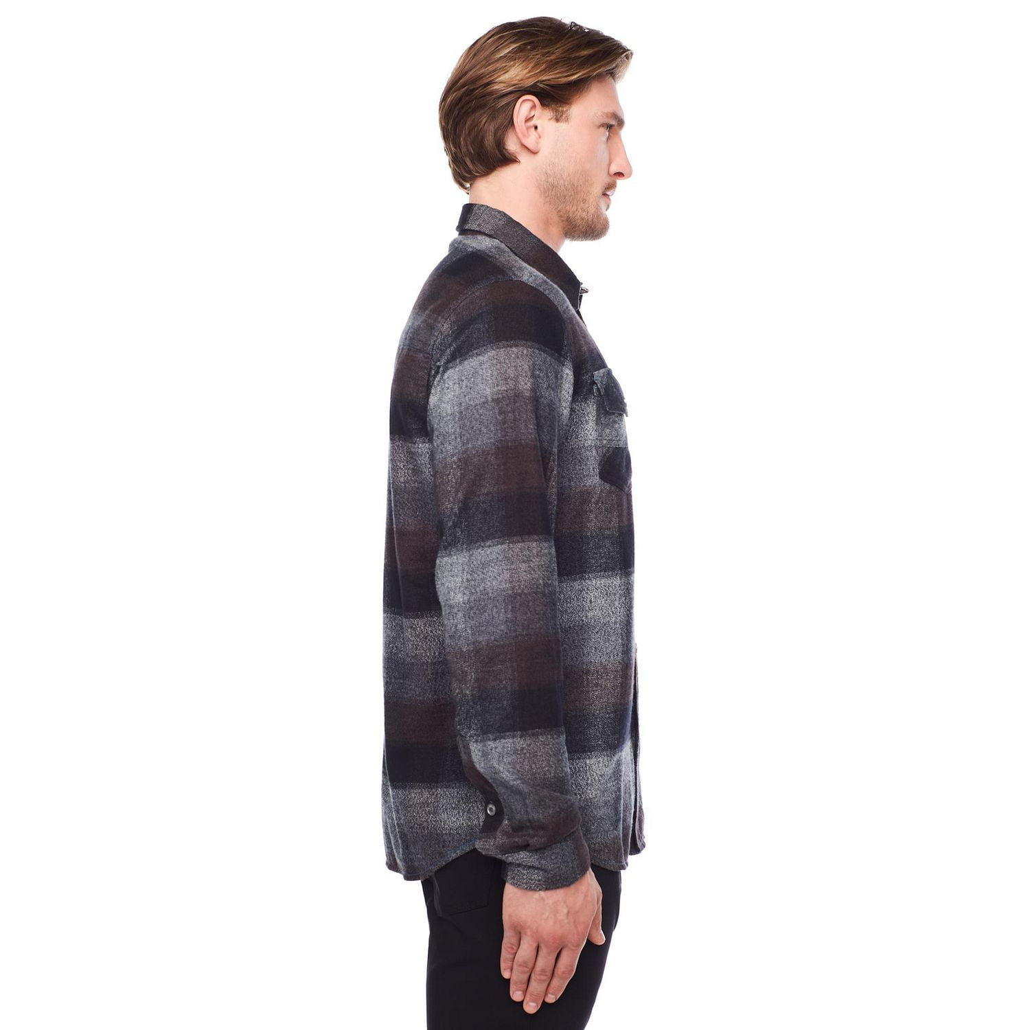 Dark Black Men's Long-Sleeve Plaid Button-Down Shirt with Pockets