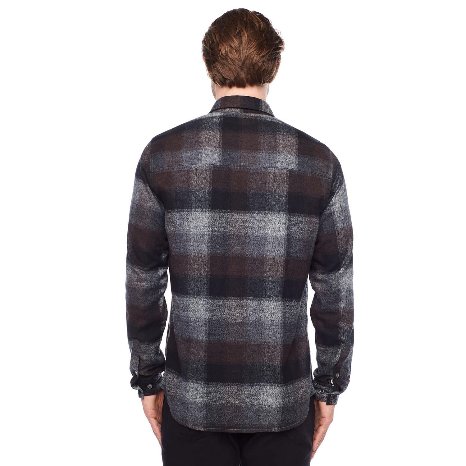 Dark Black Men's Long-Sleeve Plaid Button-Down Shirt with Pockets