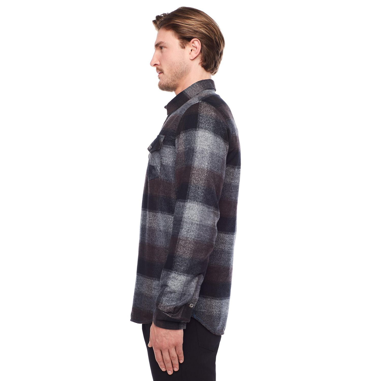 Dark Black Men's Long-Sleeve Plaid Button-Down Shirt with Pockets
