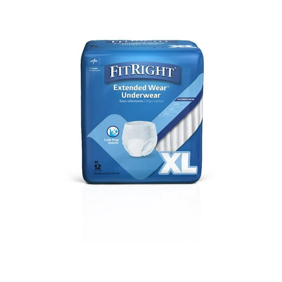 FitRight Extended Wear Night Protective Underwear, Size X-Large, For Waist Size 56" to 68", Bag of 12