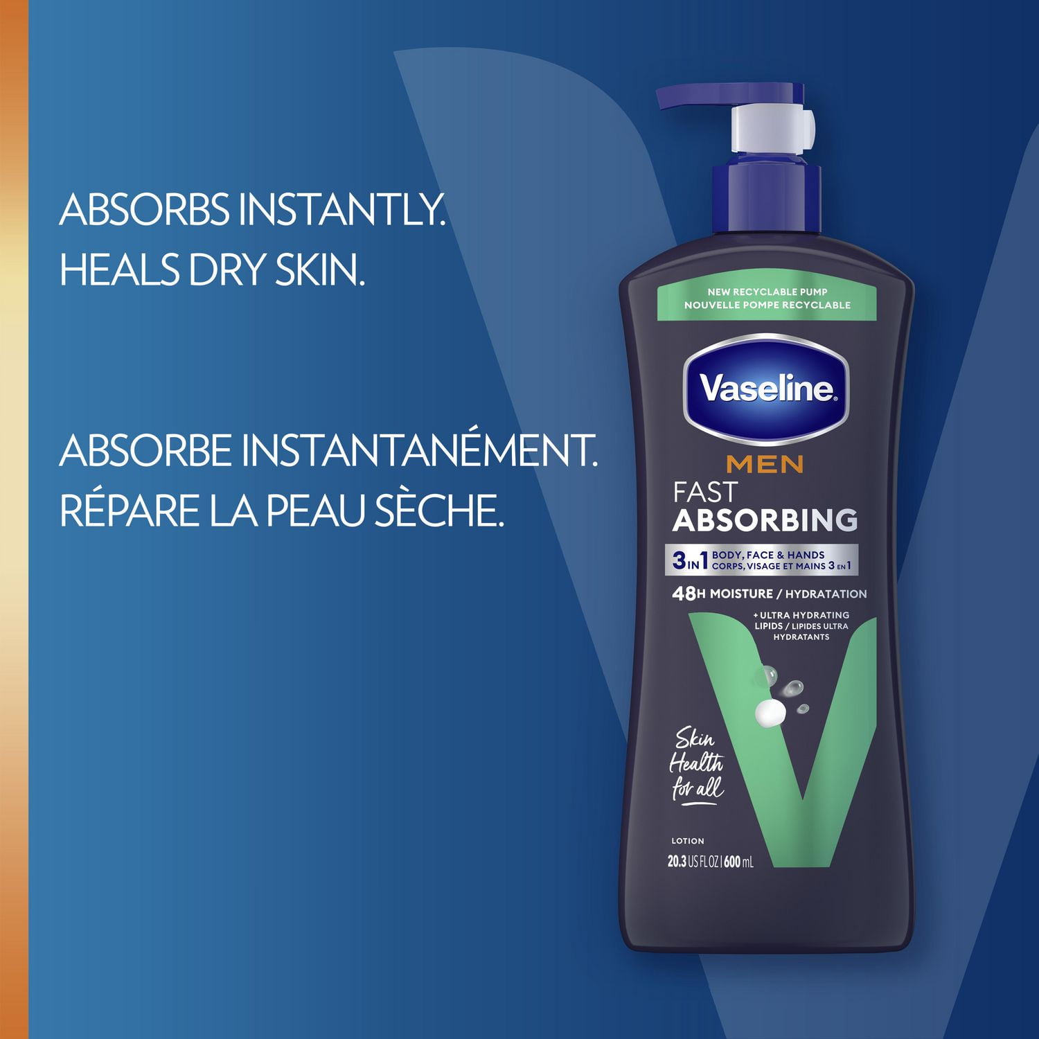 Vaseline Men Fast Absorbing 3 in 1 Body, Face & Hands Lotion, 600 ml 3 in 1 Body, Face & Hands Lotion