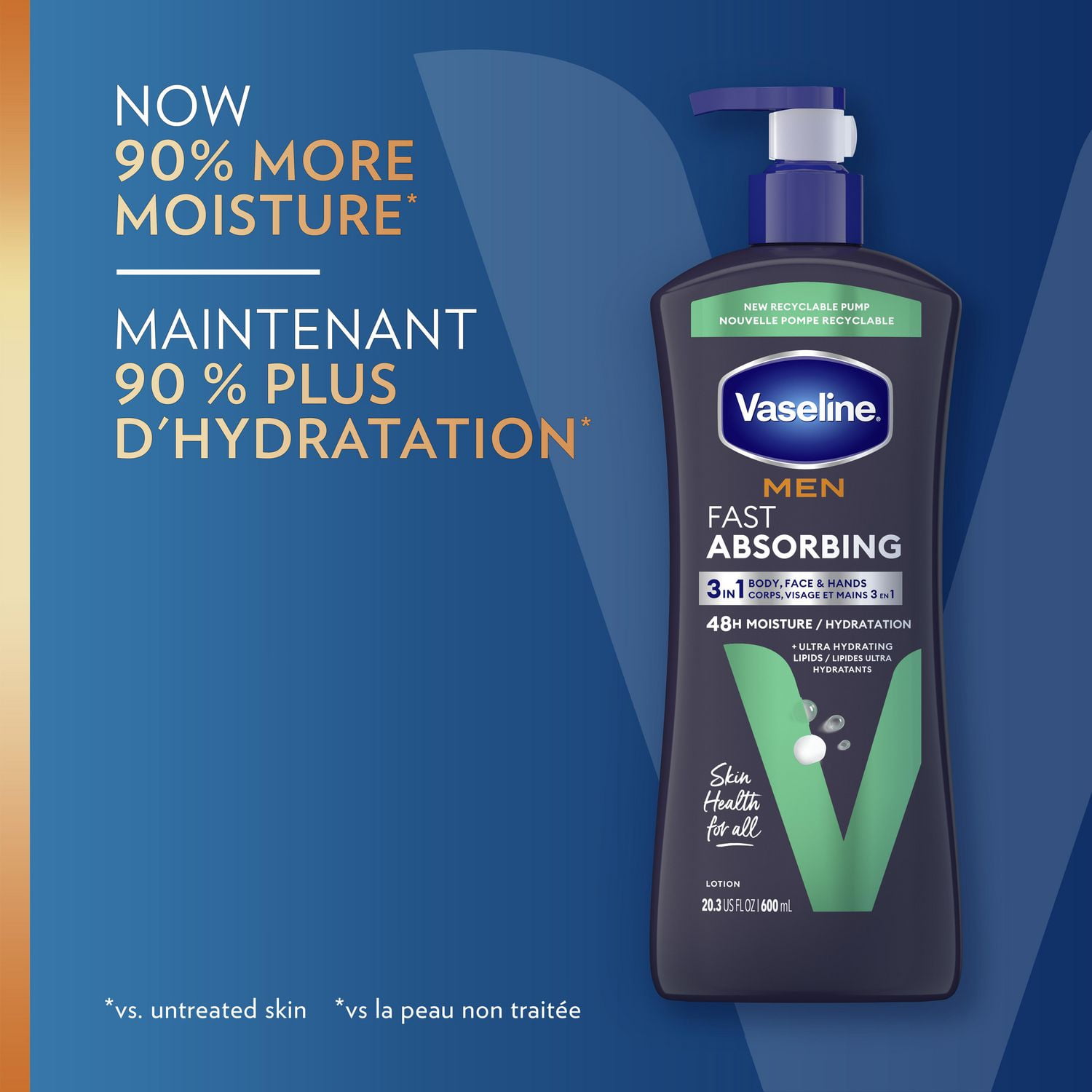 Vaseline Men Fast Absorbing 3 in 1 Body, Face & Hands Lotion, 600 ml 3 in 1 Body, Face & Hands Lotion