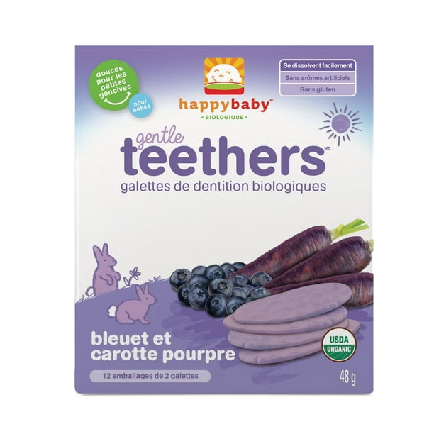 Galettes de dentition biologiques Gentle Teethers de Happy Baby aux bleuets et aux carottes pourpres