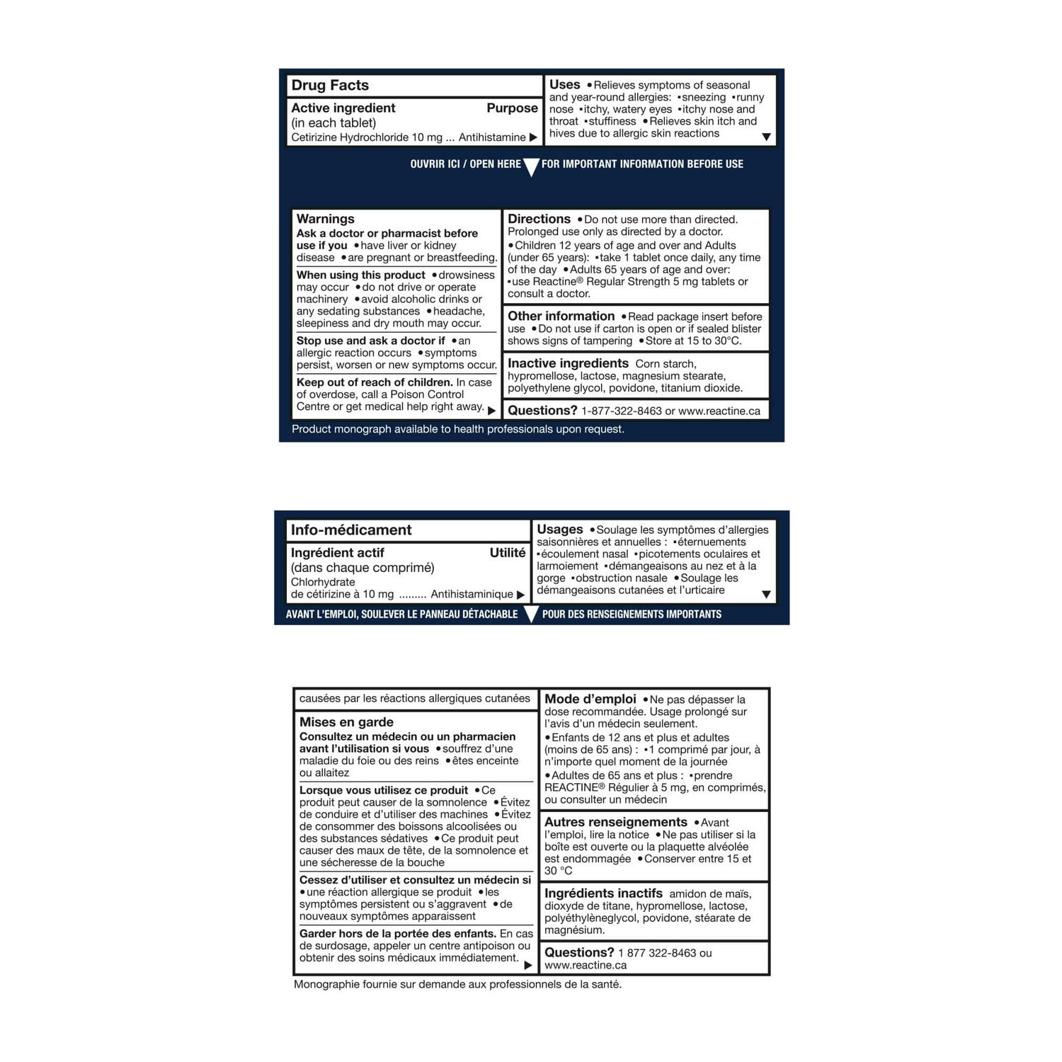 Reactine Extra fort, comprimés antiallergiques/antihistaminiques, chlorhydrate de cétirizine à 10 mg, soulagement 24 h 48 Comprimés