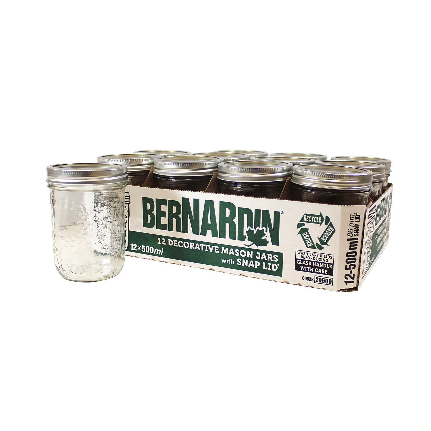 Bernardin Decorative Wide Mouth 500ML Mason Jar with Lids and Bands, 12