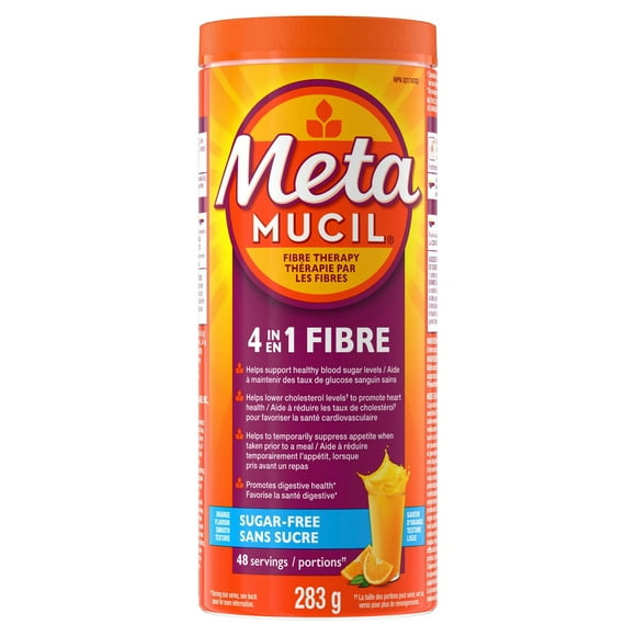Metamucil, 4 in 1 Psyllium Husk Fibre Powder Supplement for Digestive Health, Orange Flavored, Sugar-Free, Smooth Powder, 48 Servings
