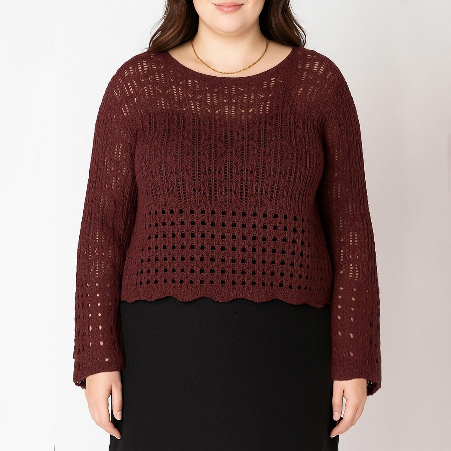 Devoted Women's Plus open stitch wavy hem sweater