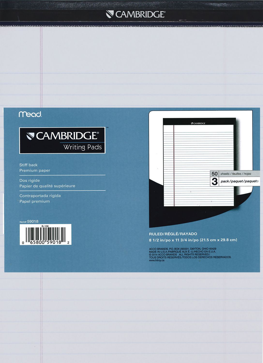 140 Sheets Wide Ruled Stiff Back 6 x 8 3/8 inches Mead Cambridge Writing Pads Pack of 2 