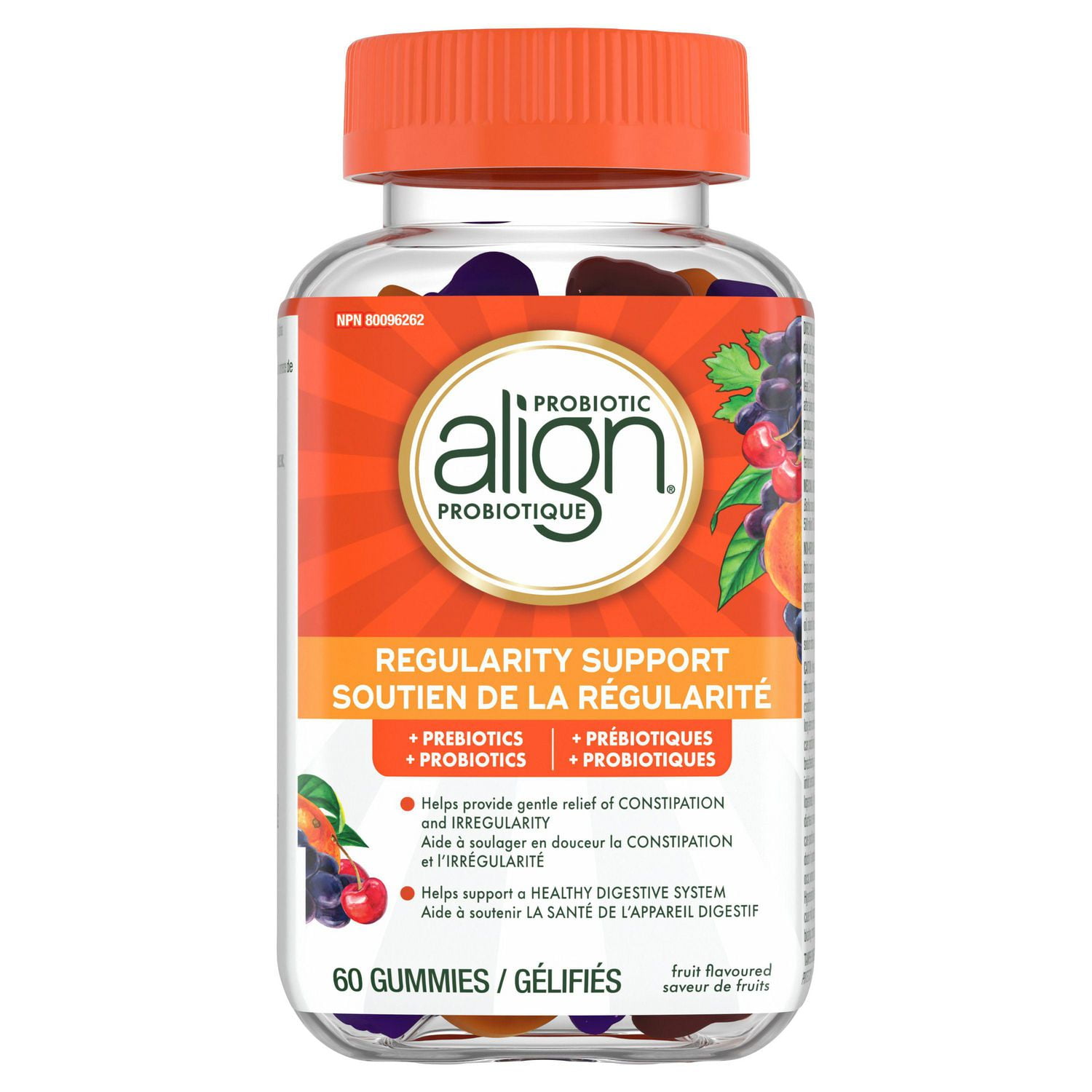 Align | Daily Probiotic Gummy | Regularity Support Probiotics + Prebiotics | | Fruit Flavoured | Helps Provide Gentle Relief of Constipation and Irregularity, Helps Support Gastrointestinal Health