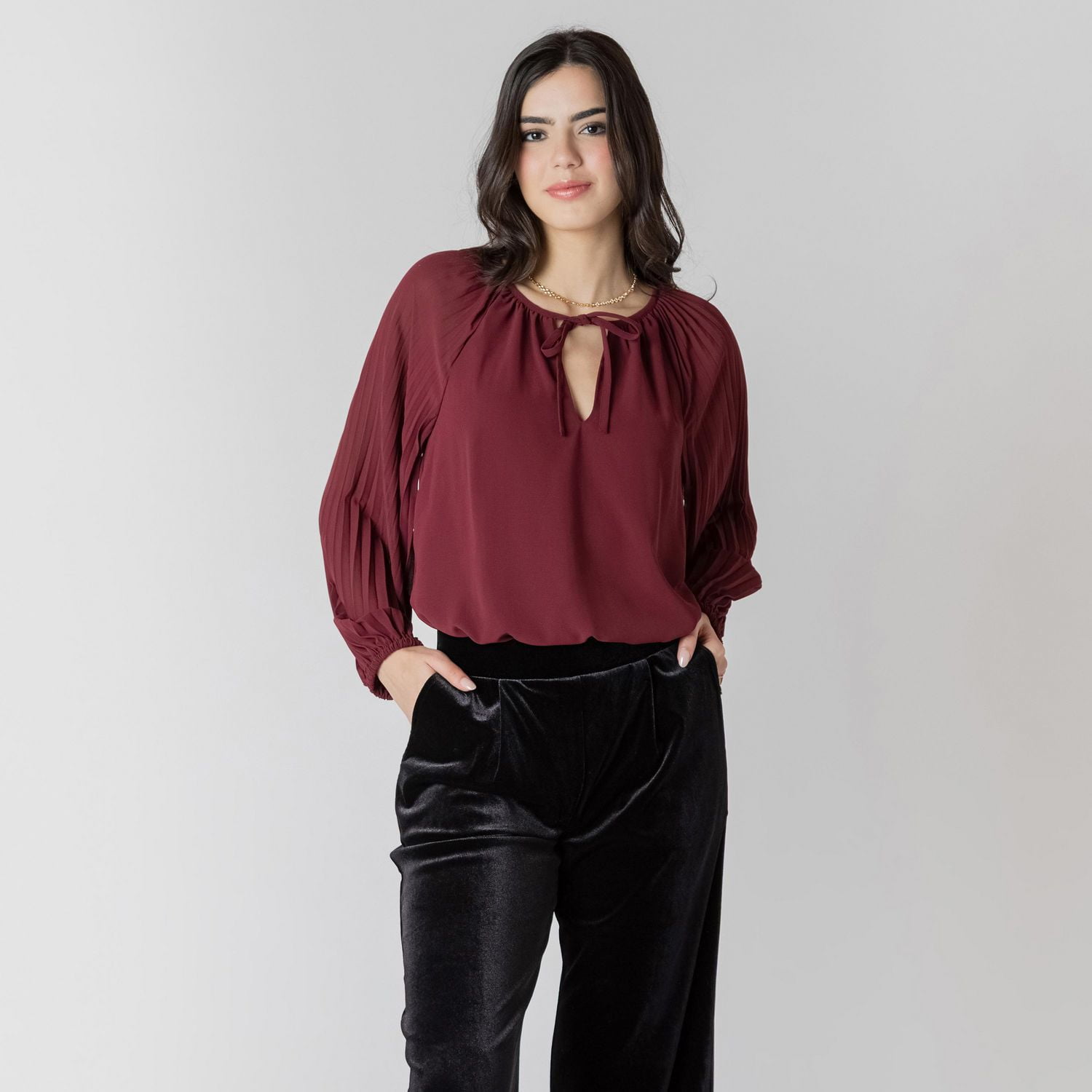 Devoted long sleeve tie front ruffle blouse