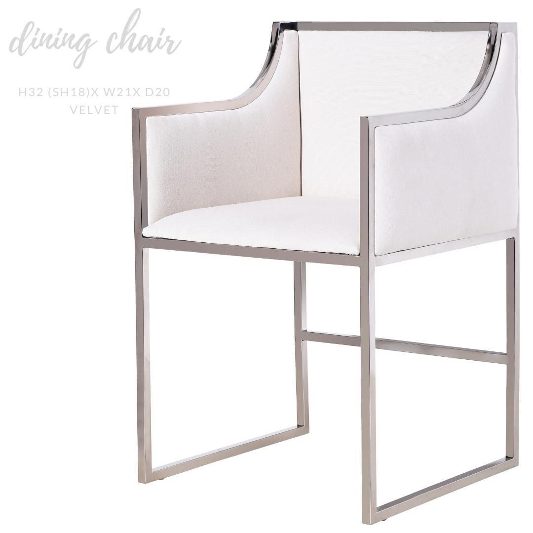 Hani dining chair in white with shiny chrome, velvet upholstered