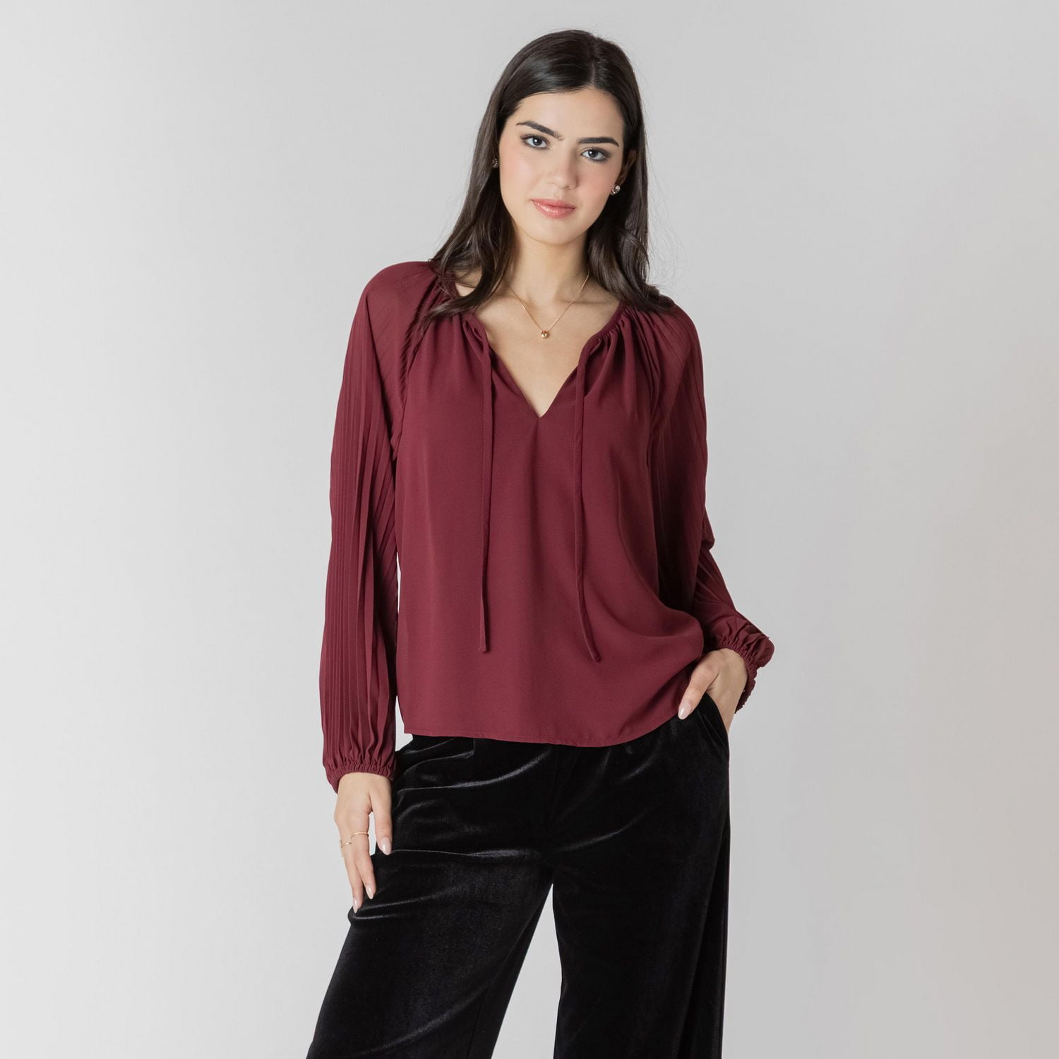 Devoted long sleeve tie front ruffle blouse
