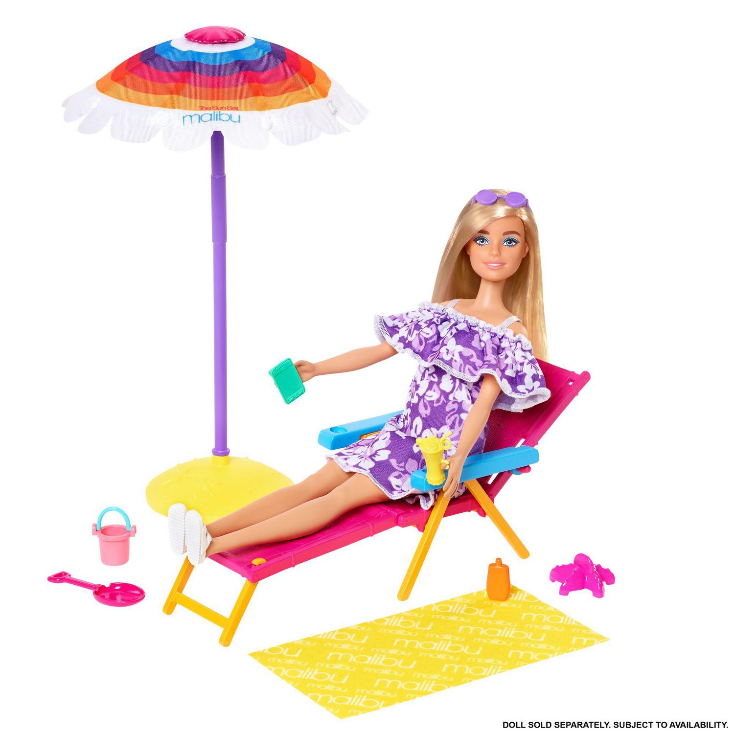 Barbie Loves the Ocean Day at the Beach Set with Sun Lounger, Umbrella and  Accessories, Made from Recycled Plastic, Gift for Children 3-7 