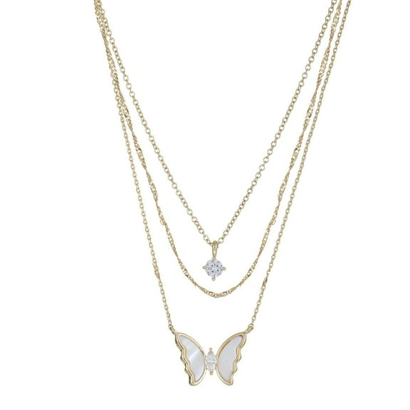 Luxury Designs Gold Plated Trio Layered Necklace – Mother of Pearl Butterfly & CZ Necklace